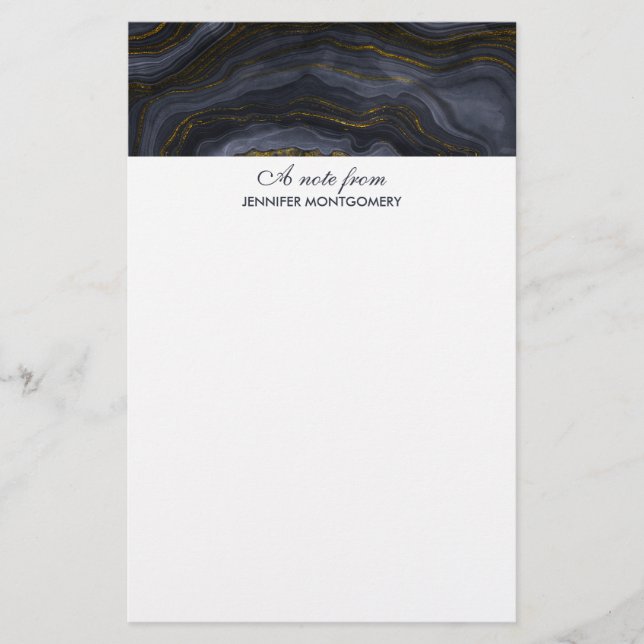 Modern Black & Gold Agate Stone Abstract Stationery (Front)