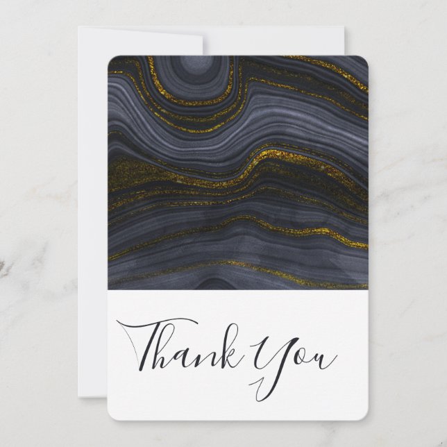 Modern Black & Gold Agate Stone Abstract Thank You Card (Front)