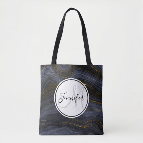 Modern Black  Gold Agate Stone Abstract Tote Bag