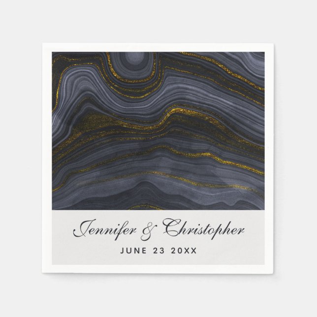 Modern Black & Gold Agate Stone Abstract Wedding Napkins (Front)