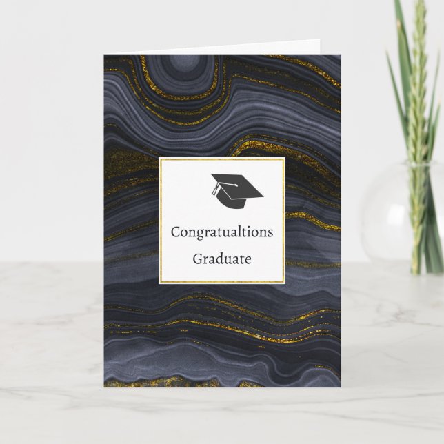 Modern Black & Gold Agate Stone Graduation Cap Card (Front)