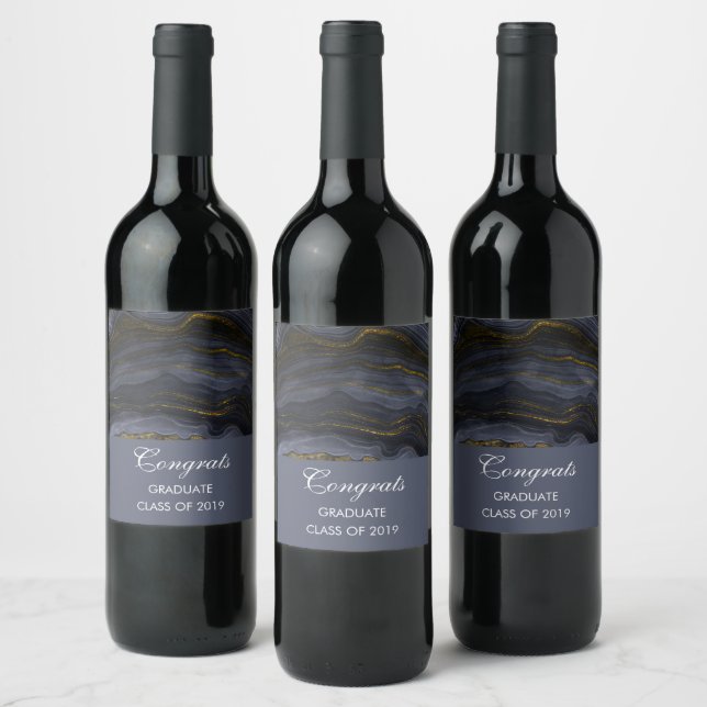 Modern Black & Gold Agate Stone Graduation Wine Label (Bottles)