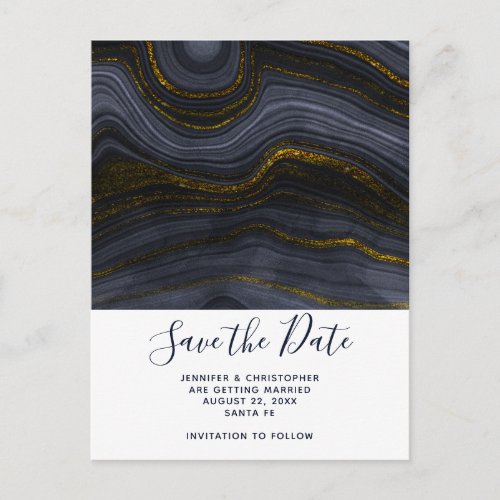 Modern Black  Gold Agate Stone Save the Date Postcard