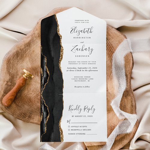 Modern Black Gold Agate Wedding All In One Invitation