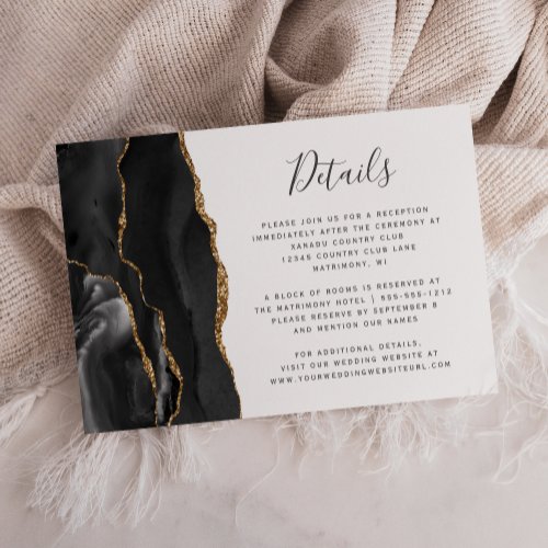 Modern Black Gold Agate Wedding Details Enclosure Card