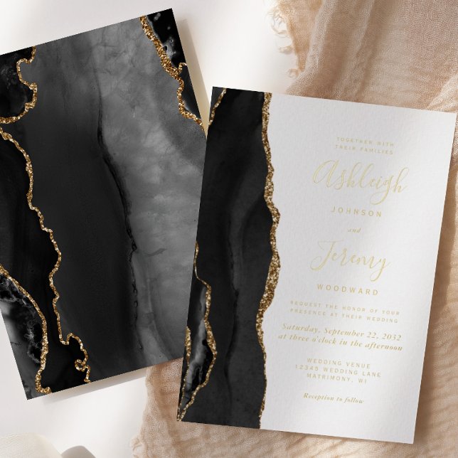 Modern Black Gold Agate Wedding Foil Invitation (Creator Uploaded)