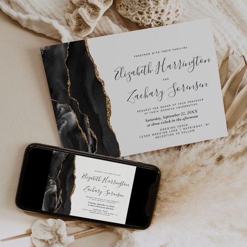 Modern Black Gold Agate Wedding Invitation