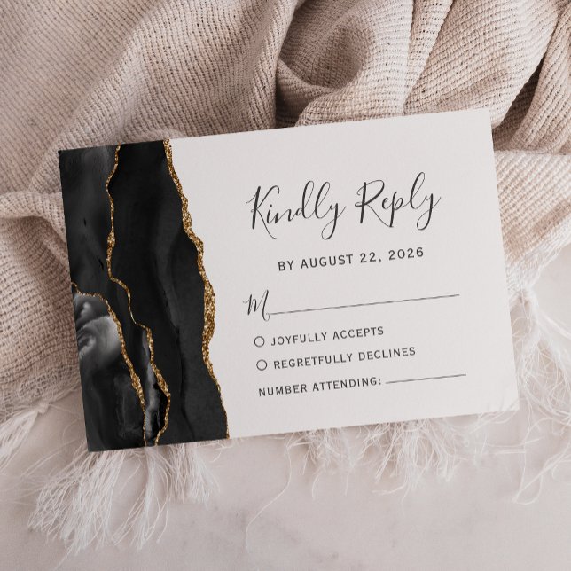 Modern Black Gold Agate Wedding RSVP Card (Creator Uploaded)