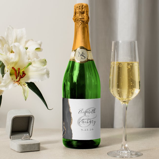 Modern Black Gold Agate Wedding Sparkling Wine Lab Sparkling Wine Label (Creator Uploaded)