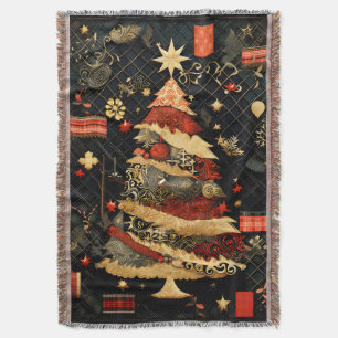 Modern Black Gold and Red Christmas Tree Throw Blanket