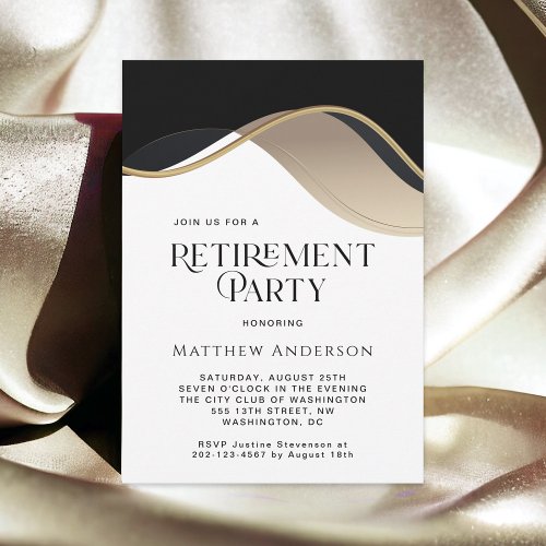 Modern Black Gold and Tan Retirement Party Invitation