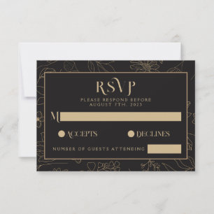 Modern Black & Gold Anemone Floral Wedding  RSVP Card