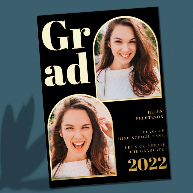 Modern black gold arch 3 photos graduation foil invitation (Creator Uploaded)