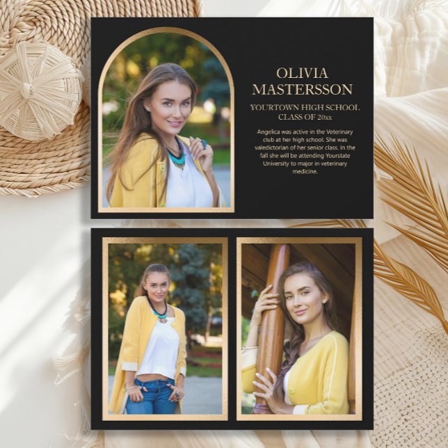 Modern Black Gold Arch Graduation 3-Photo Announcement (Modern, elegant black and gold 3-photo graduation announcement card)