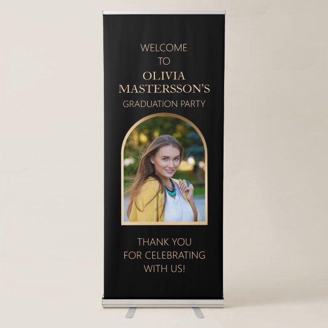 Modern Black Gold Arch Graduation Photo Retractable Banner (Front)