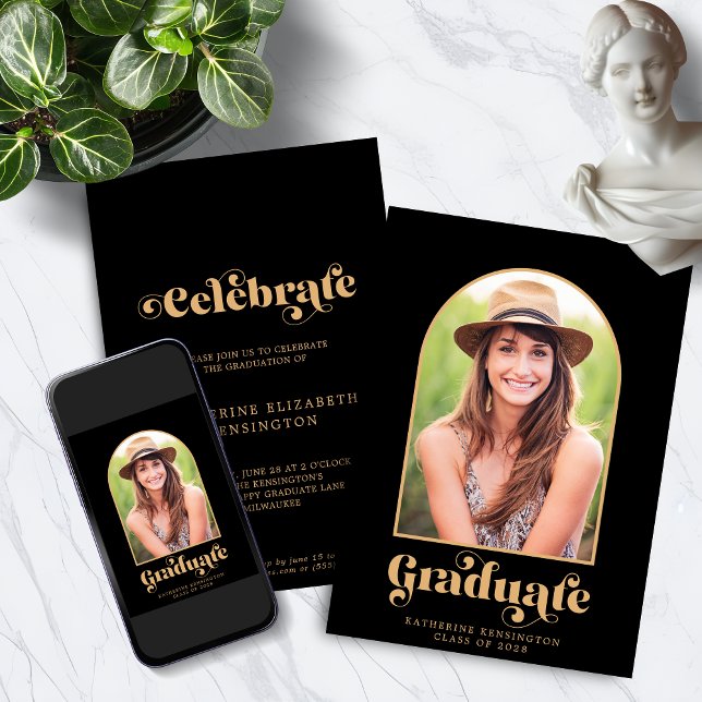 Modern Black Gold Arch Photo Graduation Party Invitation (Modern Black Gold Arch Photo Graduation Party Invitation Announcement with Instant Download option)