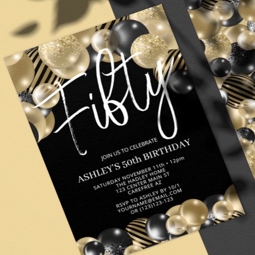 Modern Black Gold Balloon 50th Birthday Invitation