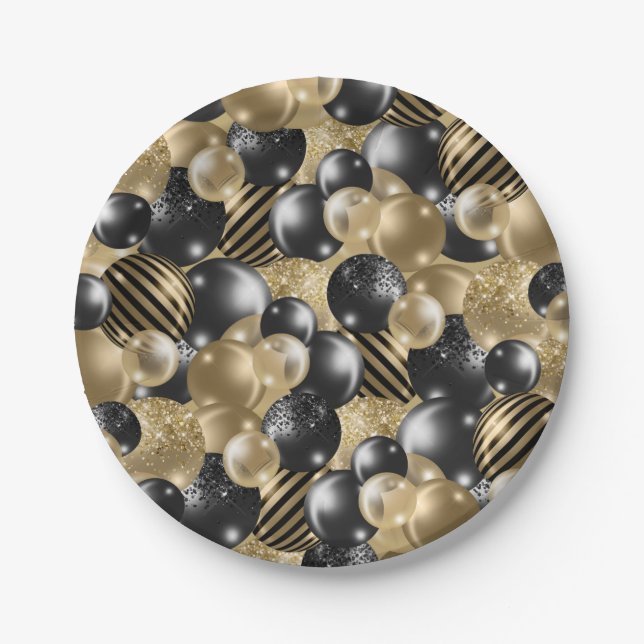 Modern Black Gold Balloon 50th Birthday Paper Plates (Front)