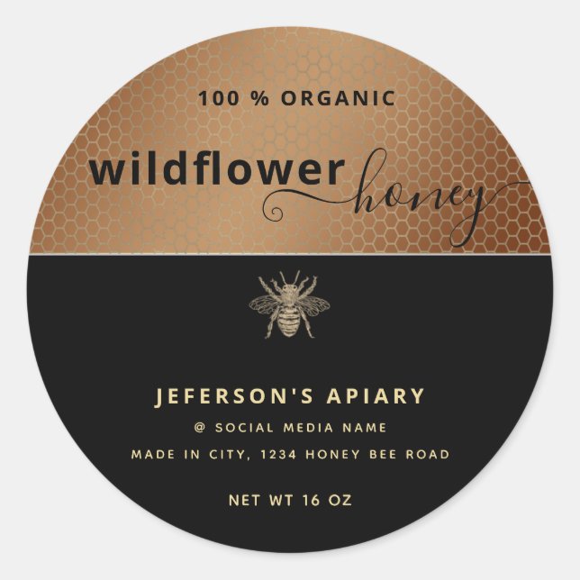 Modern black gold bee script Honey jar Classic Round Sticker (Front)