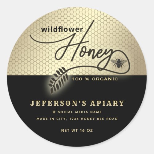 Modern black gold bee script Honey jar  Classic Round Sticker