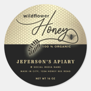 Modern black gold bee script Honey jar Classic Round Sticker