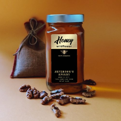 Modern black gold bee script Honey jar  Label