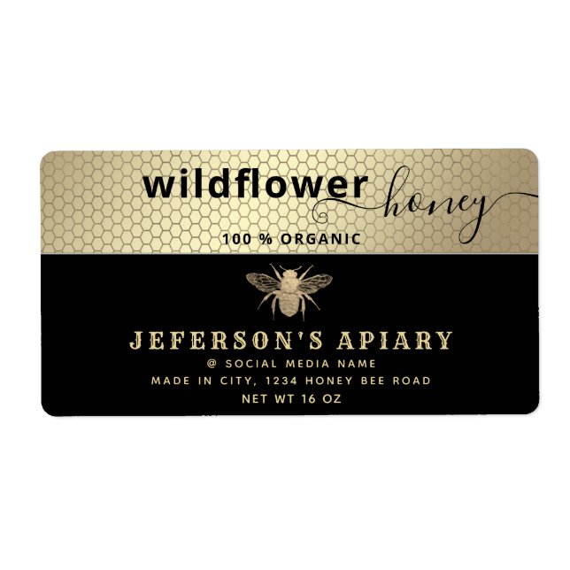 Modern black gold bee script Honey jar   Label (Front)