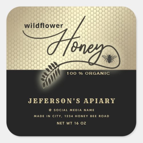 Modern black gold bee script Honey jar  Square Sticker