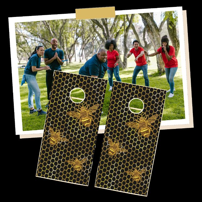 Modern Black Gold Beehive Gold Queen Bee Cornhole Set (Creator Uploaded)