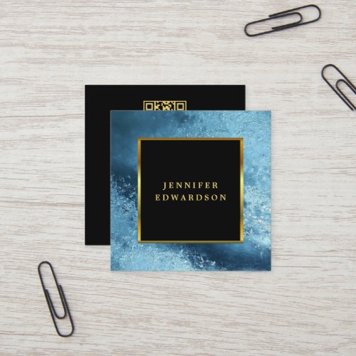 Modern black gold blue ice QR code professional Square Business Card
