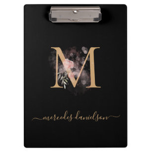 Modern Black Gold Blush Pink Floral Monogrammed Clipboard