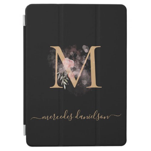Modern Black Gold Blush Pink Floral Monogrammed   iPad Air Cover