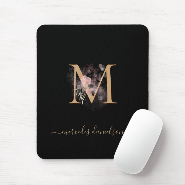 Modern Black Gold Blush Pink Floral Monogrammed  Mouse Pad (With Mouse)