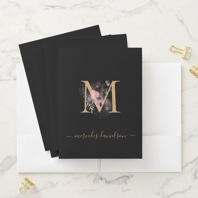 Modern Black Gold Blush Pink Floral Monogrammed   Pocket Folder (In Situ)