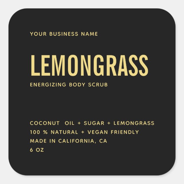 Modern black gold body scrub product label (Front)