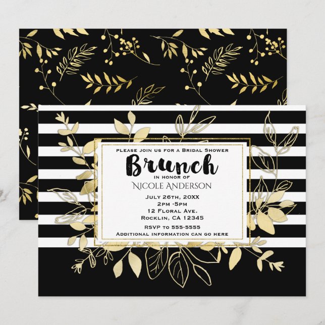 Modern Black Gold Botanical Glamour Bridal BRUNCH Invitation (Front/Back)
