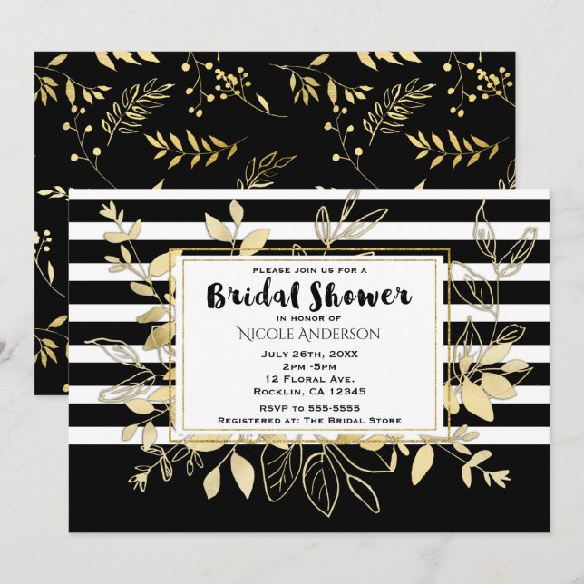 Modern Black Gold Botanical Glamour Bridal Shower Invitation (Front/Back)