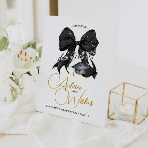Modern Black Gold Bow Graduation Advice & Wishes Pedestal Sign