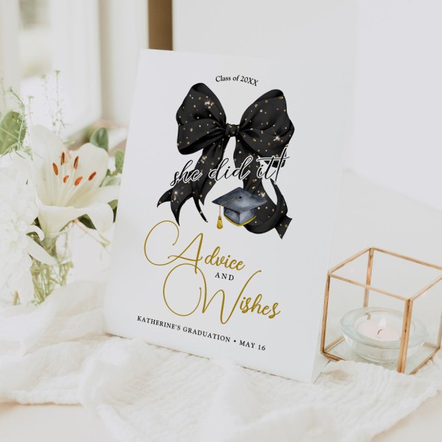 Modern Black Gold Bow Graduation Advice & Wishes Pedestal Sign (Creator Uploaded)