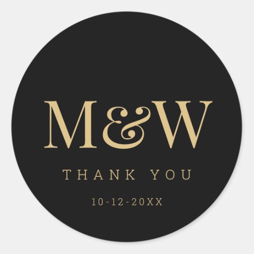 Modern Black Gold Bride Groom Monogram Thank You Classic Round Sticker