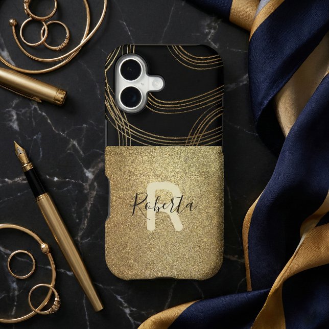 Modern Black Gold Bronze Glitter Glam Script Case-Mate iPhone Case (Creator Uploaded)