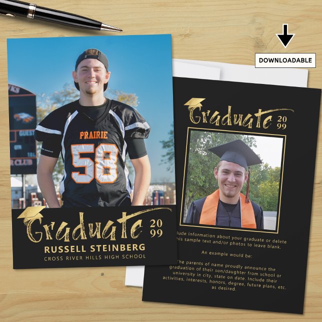 Modern Black Gold Brushstroke Graduate 2 Photos Announcement (Creator Uploaded)