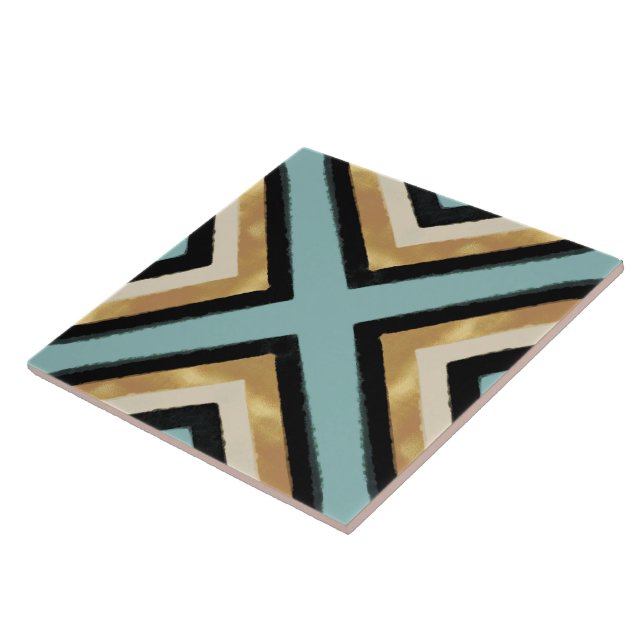 Modern Black Gold Brushstrokes Mint Geometric Ceramic Tile (Side)