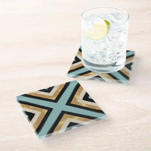 Modern Black Gold Brushstrokes Mint Geometric Glass Coaster