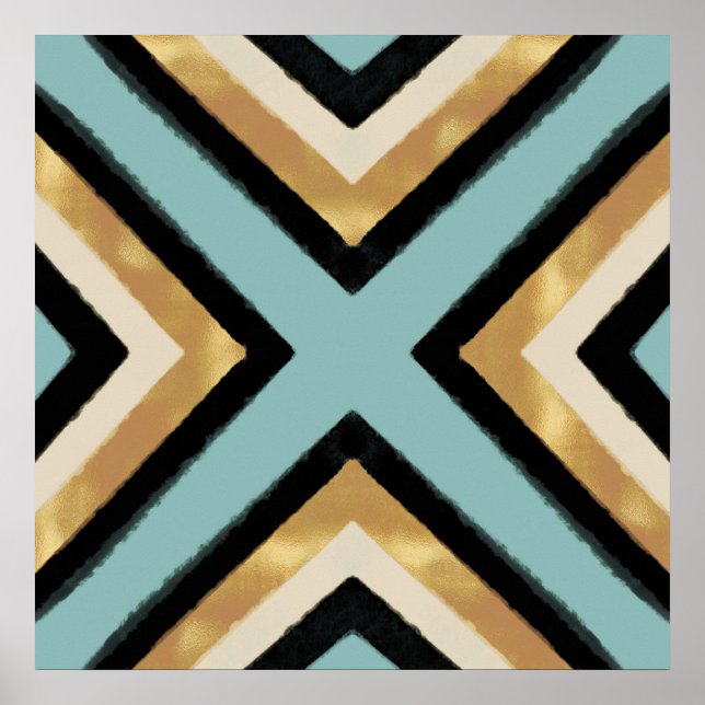 Modern Black Gold Brushstrokes Mint Geometric Poster (Front)