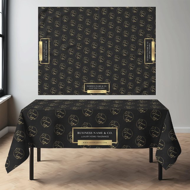 Modern Black & Gold Business Logo Pattern Company Tablecloth (Elegant black and gold effects logo branded tablecloth for business *mockup bg is Ai generated*)
