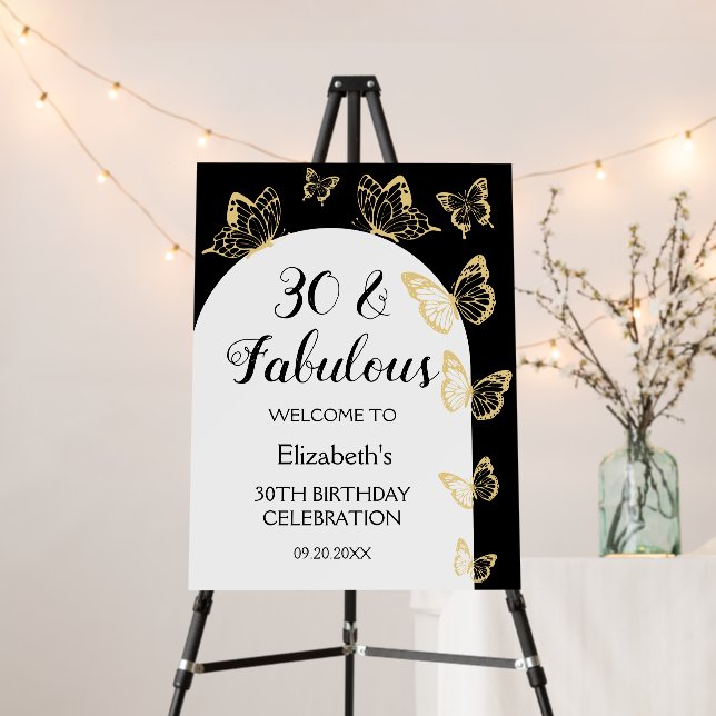 Modern Black Gold Butterflies Fabulous Birthday Foam Board (In Situ (Stand))