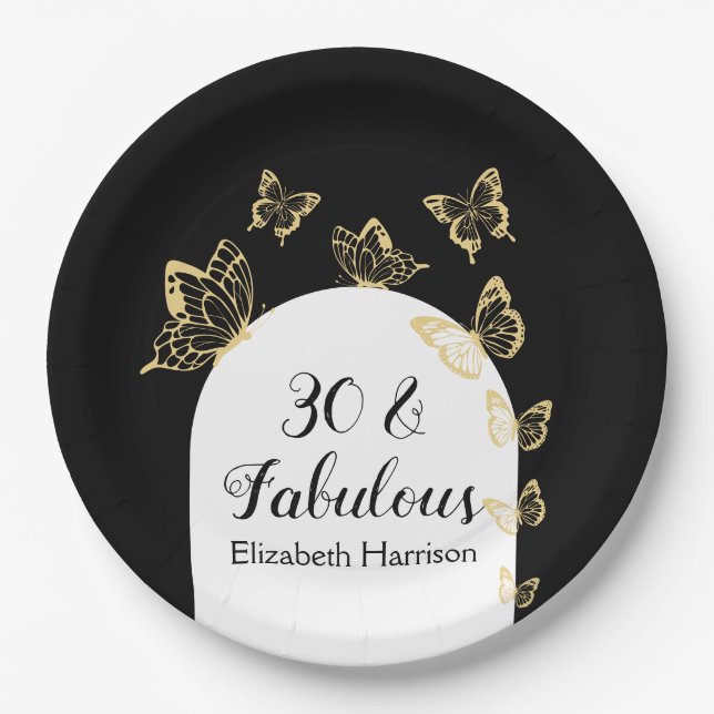 Modern Black Gold Butterflies Fabulous Birthday Paper Plates (Front)