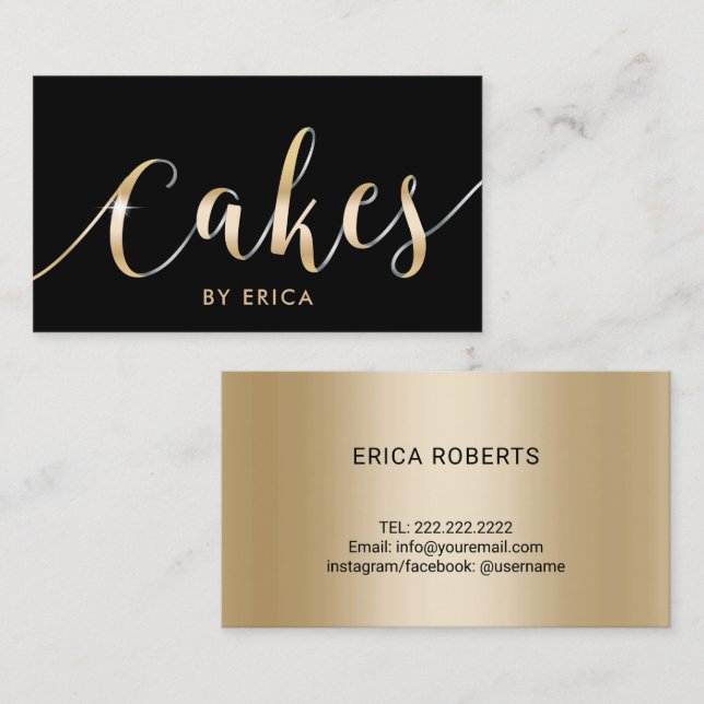 Modern Black & Gold Cake Pastry Chef Bakery Business Card (Front/Back)