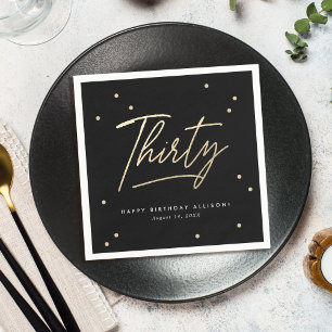 Modern Black Gold Calligraphy 30th Birthday Napkins
